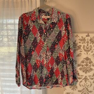 LOFT Women's Red and Green Patterned Button Down Shirt